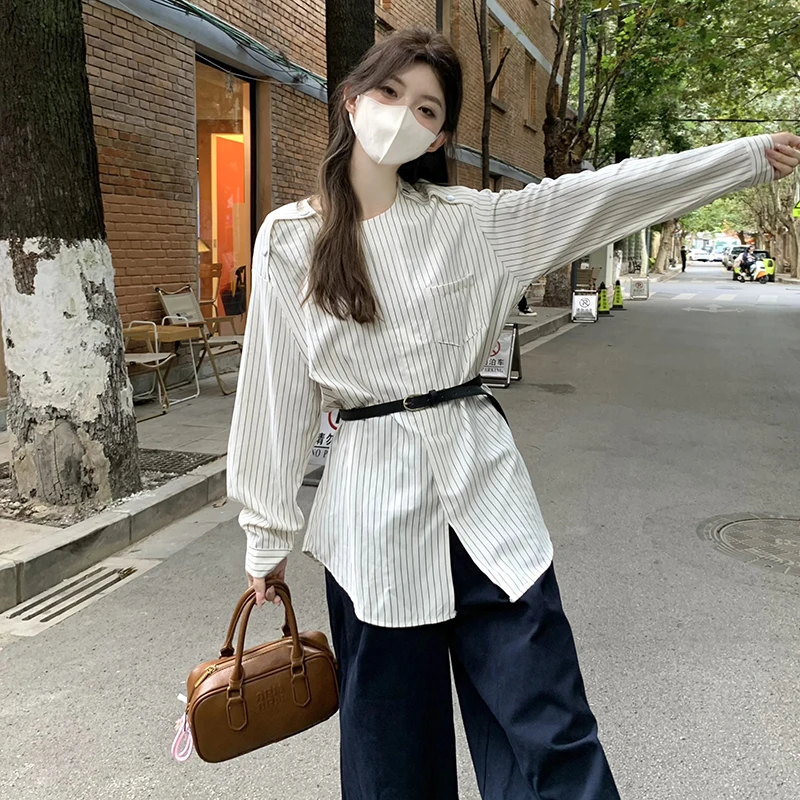 

Стильная рабочая одежда OL, белые рубашки, элегантные свободные повседневные топы с длинными рукавами, полосатые блузки, модная женская блузка с карманами