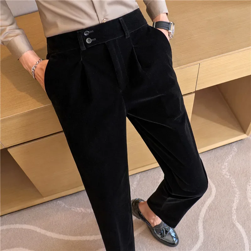 Classic Men Black Velvet Suit Pant Male Time Business Social Wedding Prom Party Formal Dress Trousers