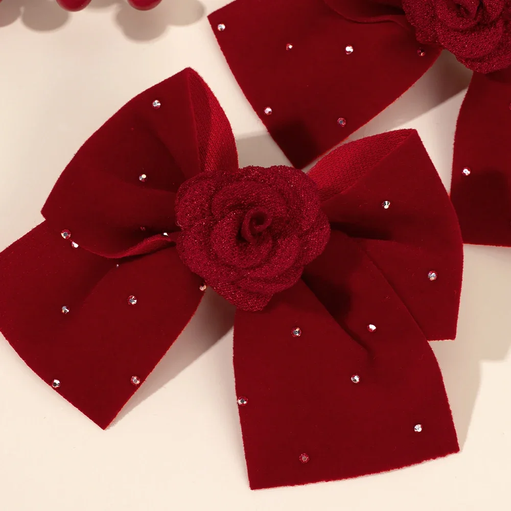 ncmama 2PCS Flannel Rose Flower Bow Hair Clips Cute Red Velvet Bow Hairpins for Girls Headwear Hairgrips Pearl Hair Accessories