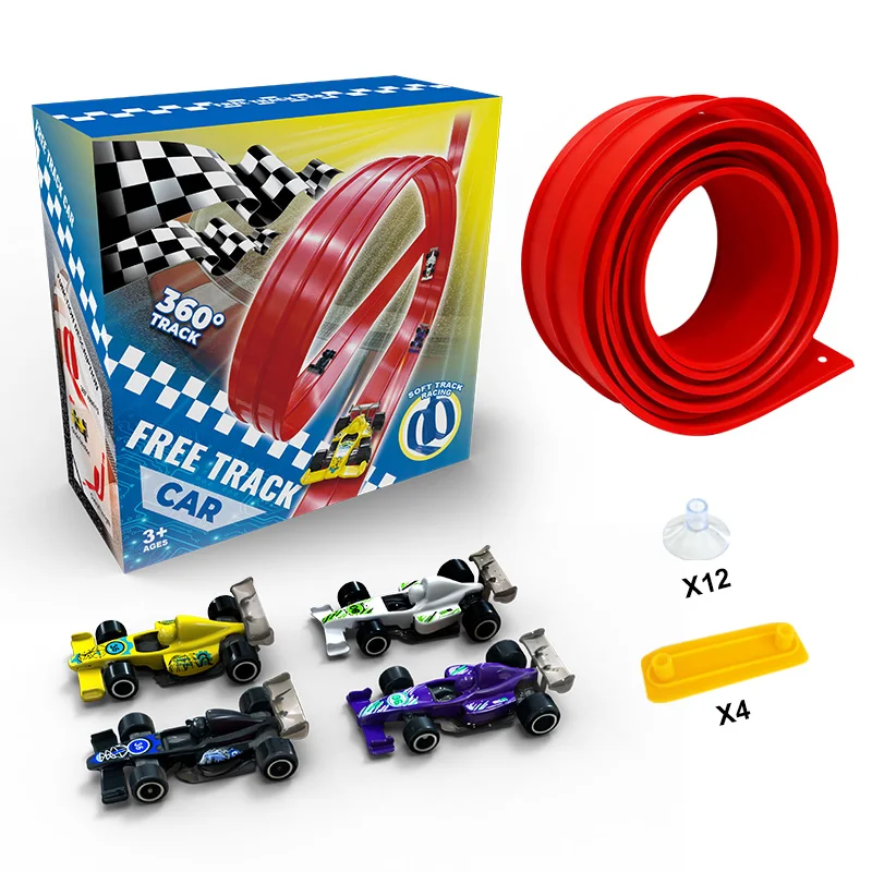 Pista da corsa flessibile arrotolabile portatile compatibile con 4 auto a doppia traccia, giocattoli per bambini, rampa per auto da corsa fai da te, regalo di Natale per ragazzo