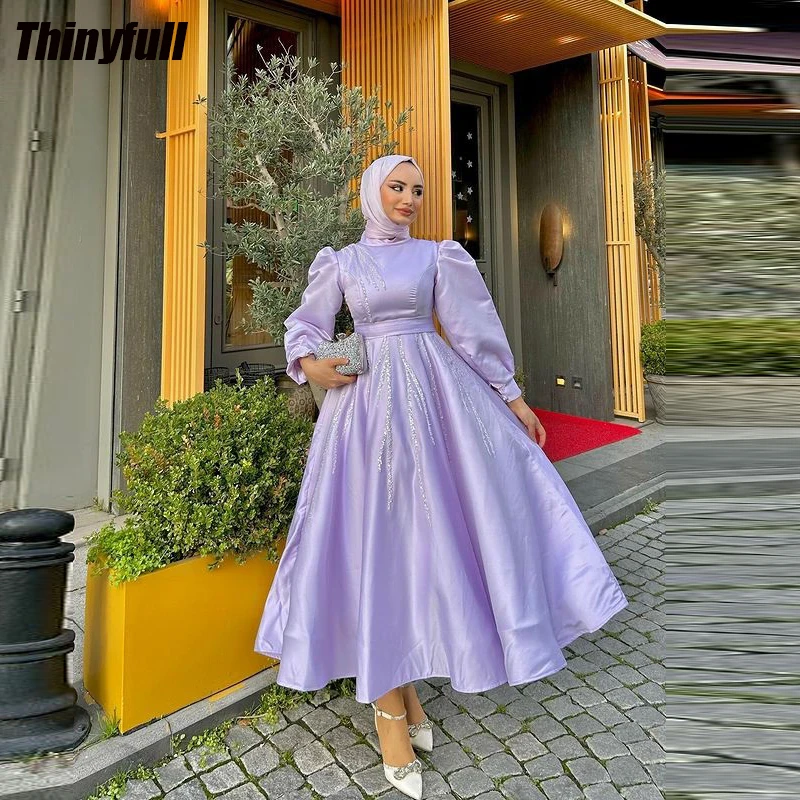 

Thinyfull A-line Muslim Prom Dresses High-neck Long Sleeves Engagement Gown Sequin Satin 2024 Formal Occasion Evening Dress