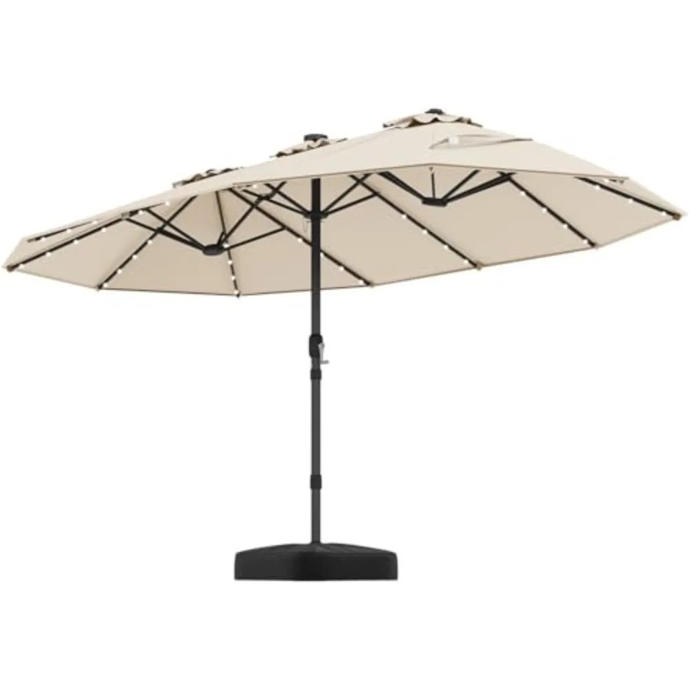 15FT Double-Sided Solar Patio Umbrella, Extra-Large Outdoor Twin Umbrella with 48 LED Lights, Vented Top, Crank Handle