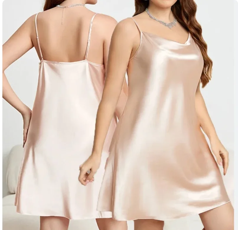 Large Size 3XL 4XL 5XL Female Nightgown Sexy Suspender Nightdress Pink Chemise Sleepwear Bathrobe Loose Satin Home Dressing Gown