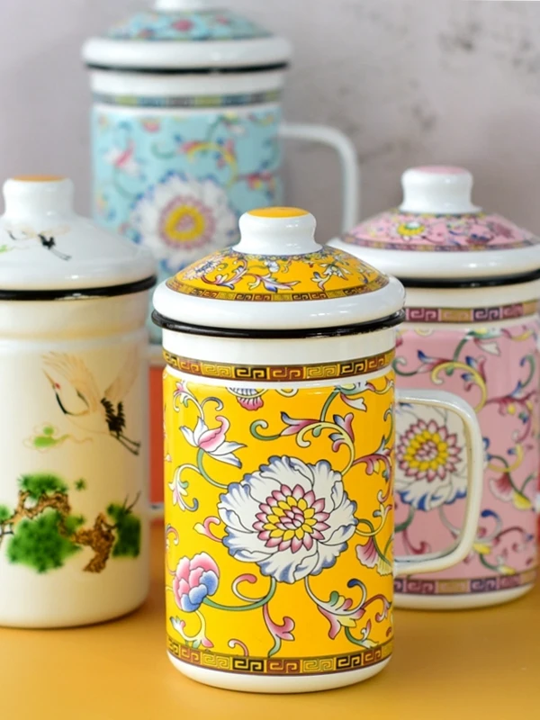 

Retro Enamel Tea Cup with Lid And 304 Stainl Steel Filter Old Faioned Chinese Sle High Cup Vintage Porcelain Mug