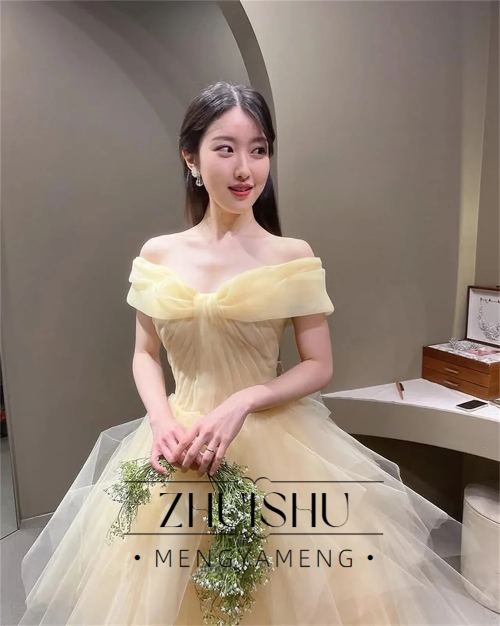 Princess Pale Yellow Ball Gown Sweetheart Collar Korea Evening Dresses Corset Back Tiered Tulle Wedding Photos Shoot Customized