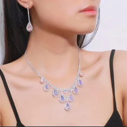 FYUAN Geometric Pink Red Green Blue Necklace Earrings For Women Water Drop Crystal Wedding Bride Jewelry Sets Accessories