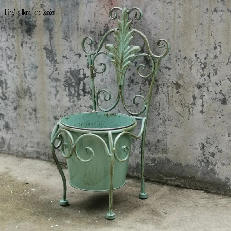 

Farmhouse Decor Vintage Greenish Metal Chair Style Flower Planter Pot