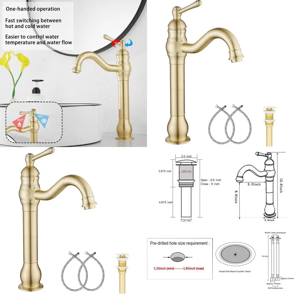 

Single-Handle Vessel Sink Faucet with Pop-Up Drain in Brushed Gold for Farmhouse Style Bathroom Vanity