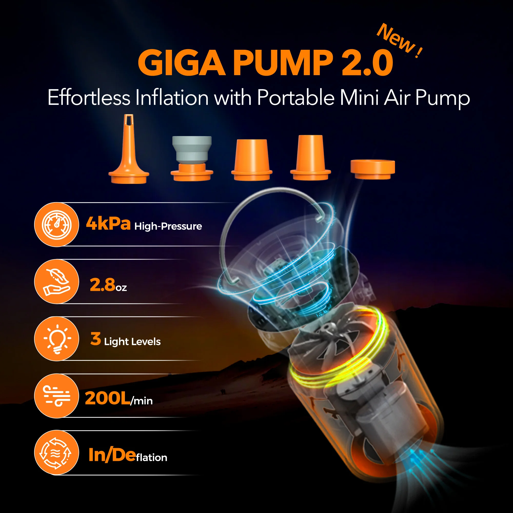 New GIGA Pump 2 Portable Air Pump with Camping Lantern - 4kPa Rechargeable Pump for Inflatables, Mattresses, and Pool Floats