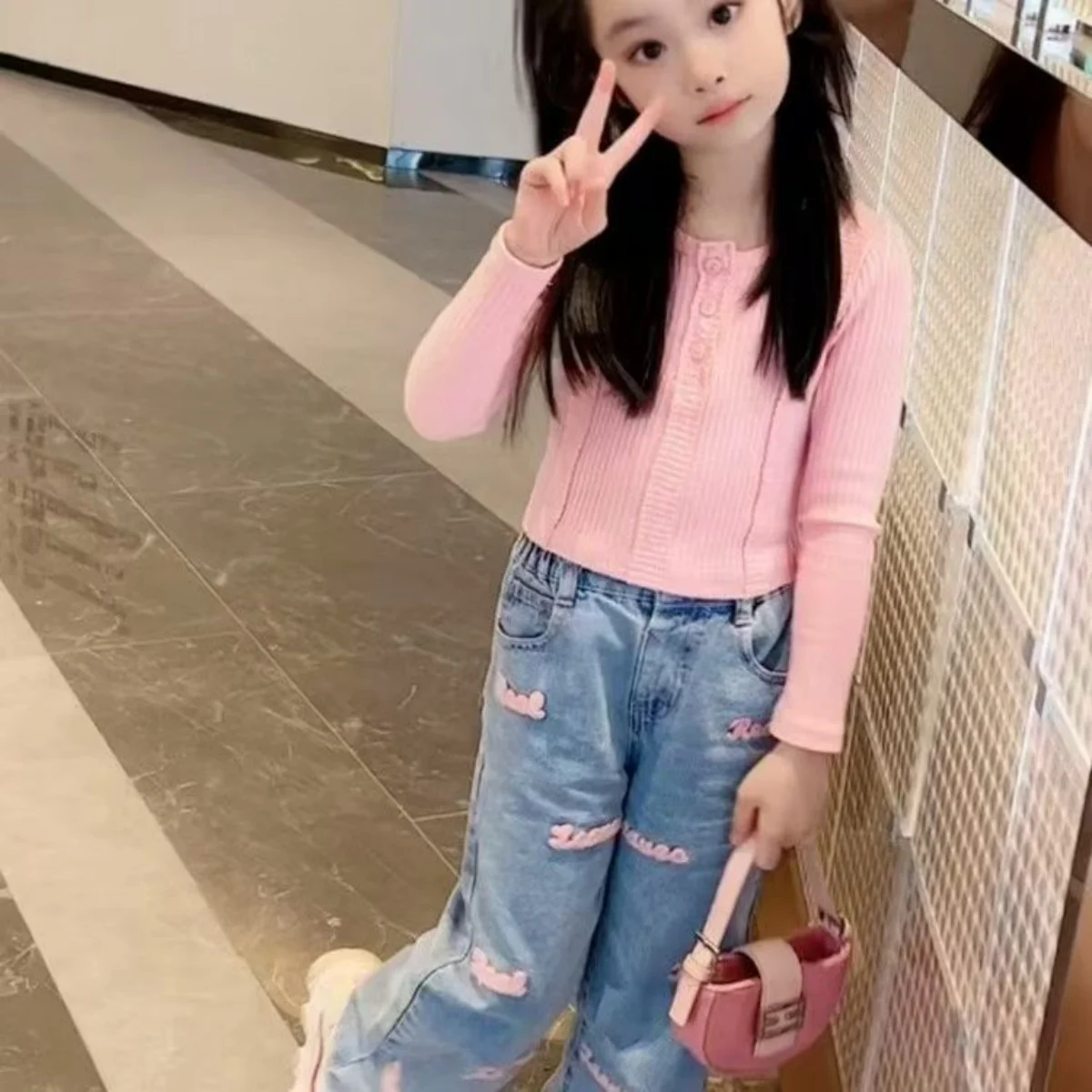 Girls' Set Spring 2026 New Fashionable Girls' Long Sleeve Round Neck Waist Top Jeans Two Piece Set