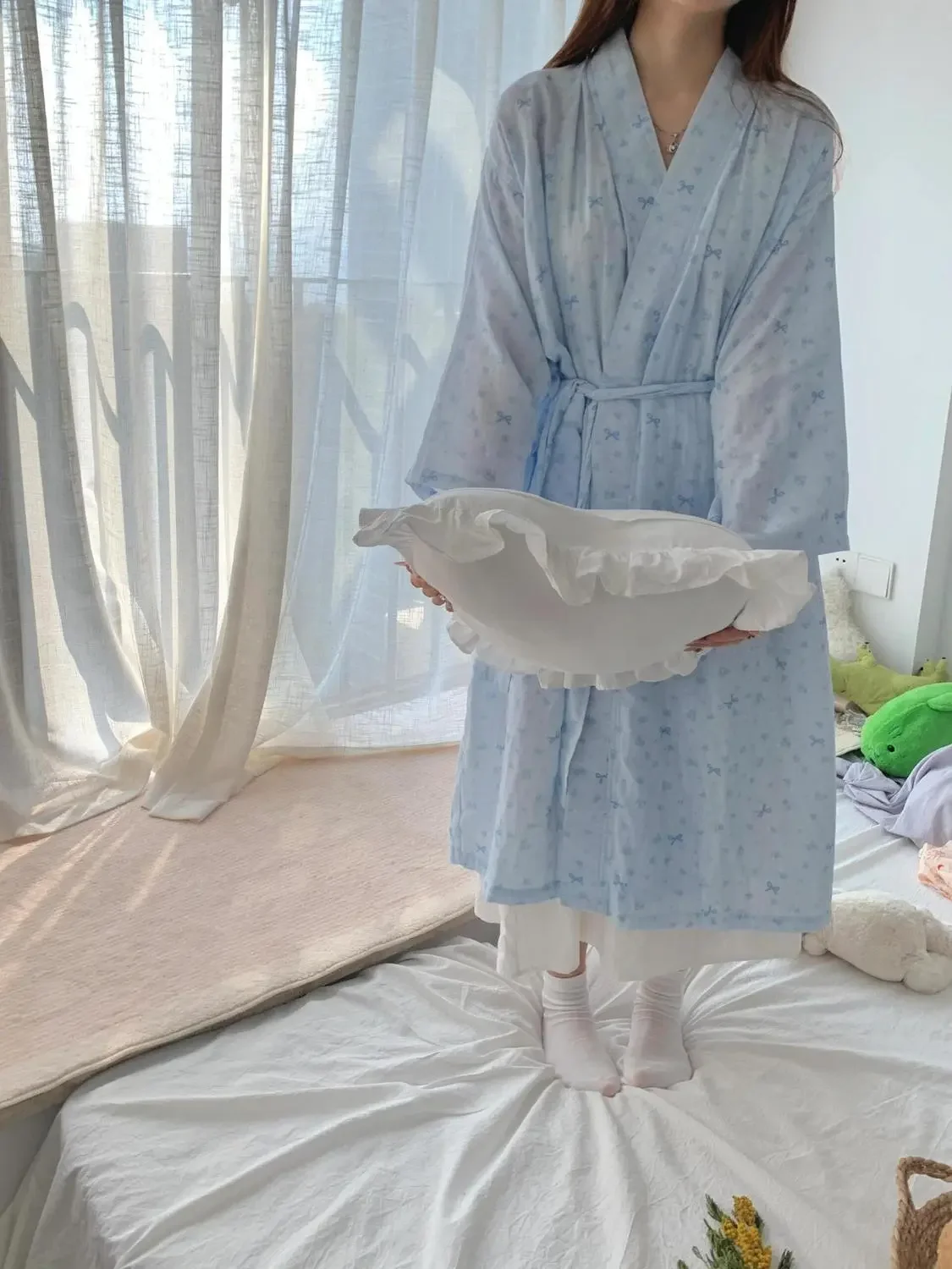 

Корейская ночная рубашка с синим бантом для женщин, весна и осень 2026, новое свободное кимоно, пижама, домашняя одежда, халат, ночная рубашка, платье для душа