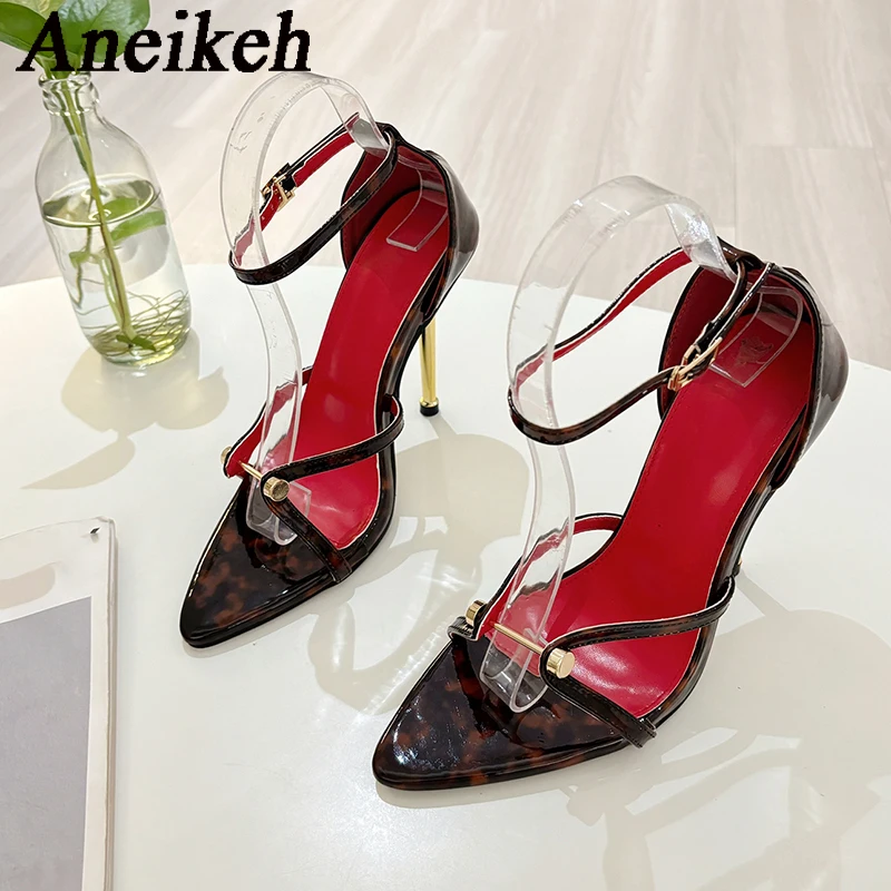 Aneikeh Fashion Leopard Print Buckle High-heeled Women's Designer Sandals Wedding Banquets Punk Metal Pointed Stripping Shoes