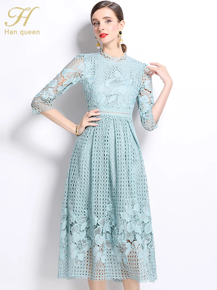 H Han Queen 2024 Autumn Casual Office Vestidos Simple Elegant Fashion Hollow Crochet Lace Dress Women A-Line Midi Party Dresses