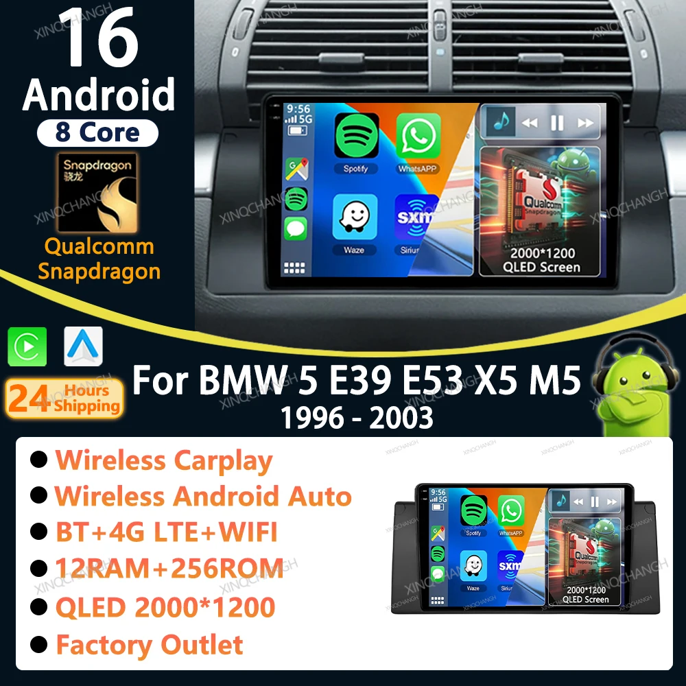 Android 16 Car Radio Carplay Auto For BMW 5 E39 1996 - 2003 E53 X5 M5 QLED Head Unit 4G WIFI Multimedia Video Player 2DIN GPS BT