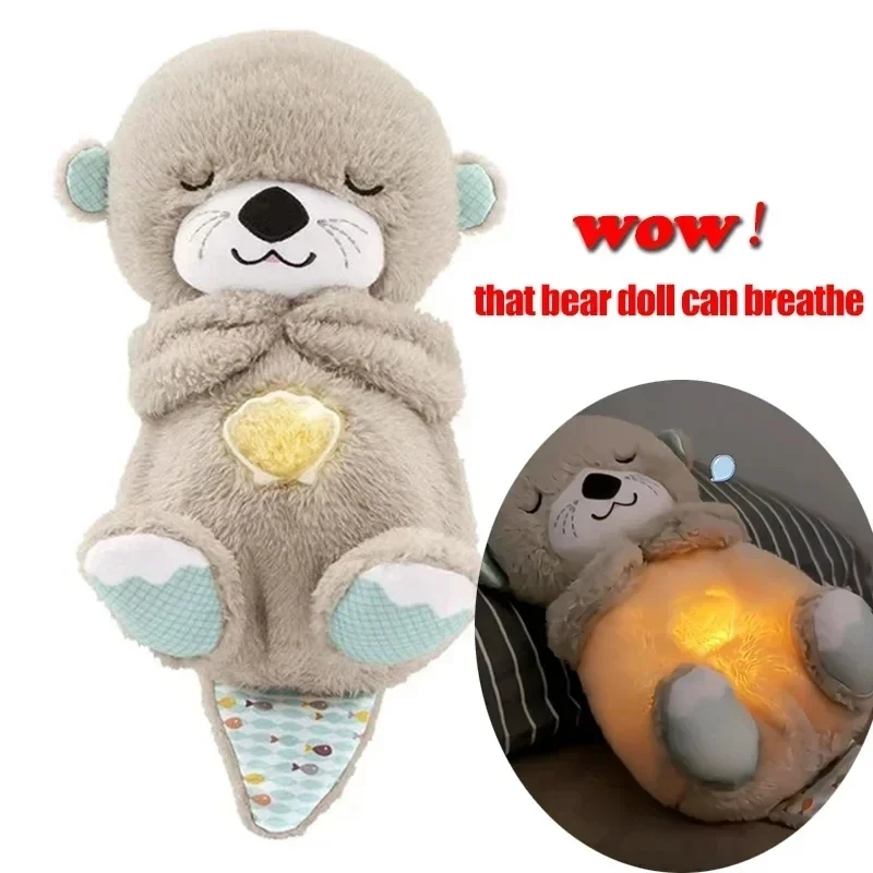 Baby Breathing Bear Baby Soothing Otter Plush Doll Toy Baby Kids Soothing Music Sleeping Companion Sound and Light Doll Toy Gift