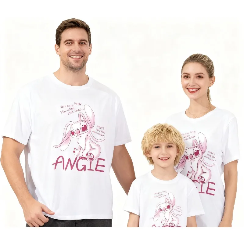 

New Disney Angel Print T-shirt Children's Daily Tops Suitable for The Whole Family Pure Cotton Round Neck Short Sleeve