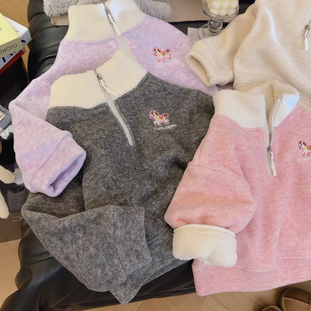 Girls' Autumn Clothes 1-7T Kids' Outerwear and Coats Embroidered Pony Children Coat Fleece Lining Jacket for Girls 5