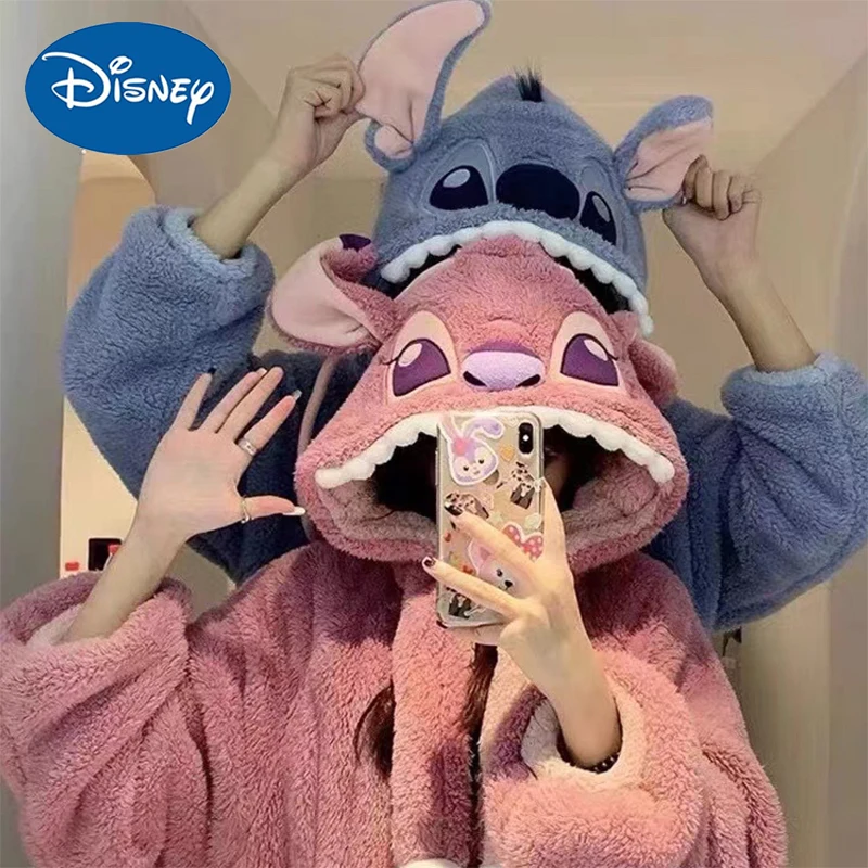 Disney Stitch Angel Hooded Pajamas Clothes Set Y2k Couple Kawaii Coral Fleece Home Women Winter Warm Plush Female Sleepwear Suit