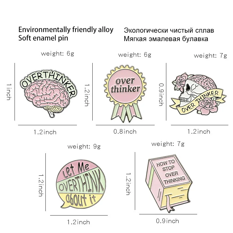 Spille Overthinker Fashion Brain Book Skull spille smaltate distintivi in metallo rosa zaini con risvolto regali di gioielli per gli amici all'ingrosso