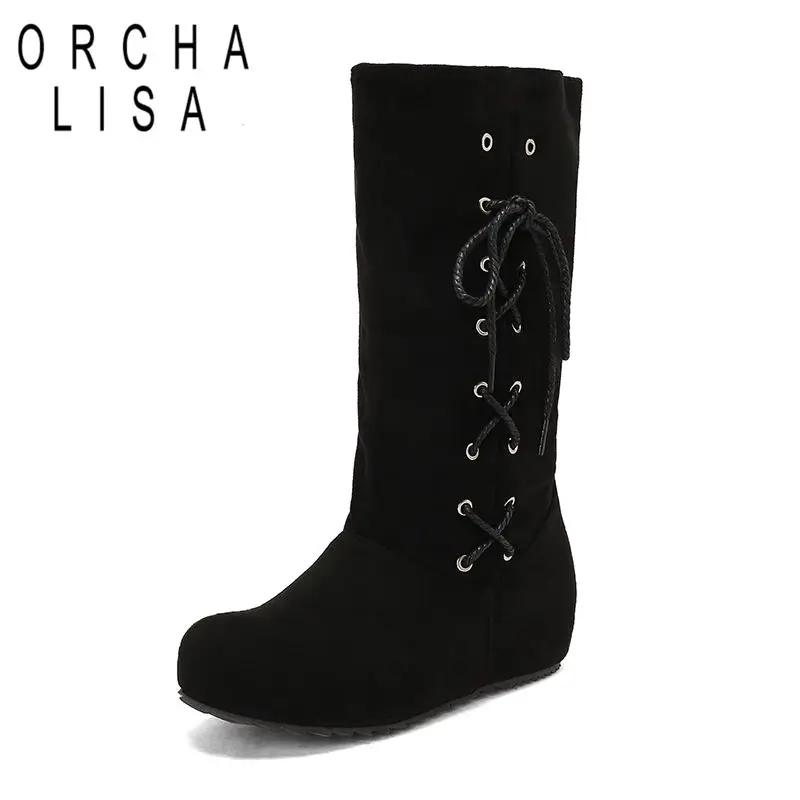 

ORCHA LISA Женские замшевые сапоги до середины икры с круглым носком, 4 см, увеличенный каблук, слипоны на шнуровке, большой размер 41 42 43 Зима