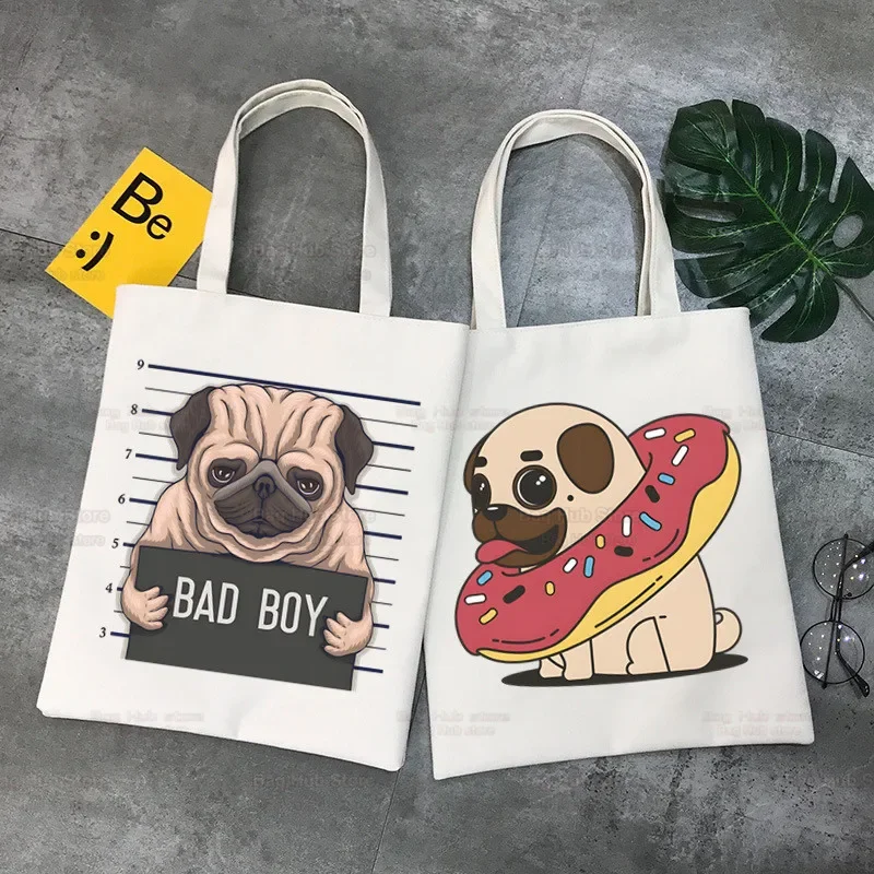Bolso de mano de lona con perro Pug para mujer, bolso de compras ecológico de gran capacidad con diseño de perro malvado, bolso de compras de playa para mujer