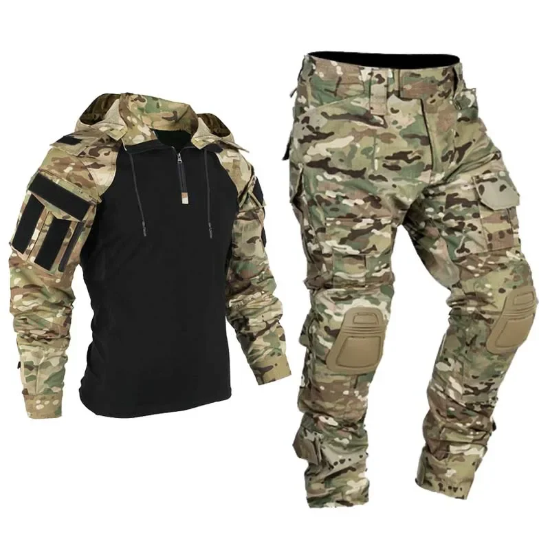 Ternos táticos de paintball, roupas de trabalho, uniforme com vários bolsos, camisas camufladas de combate, com capuz, joelheiras de carga, calças, roupas de caça