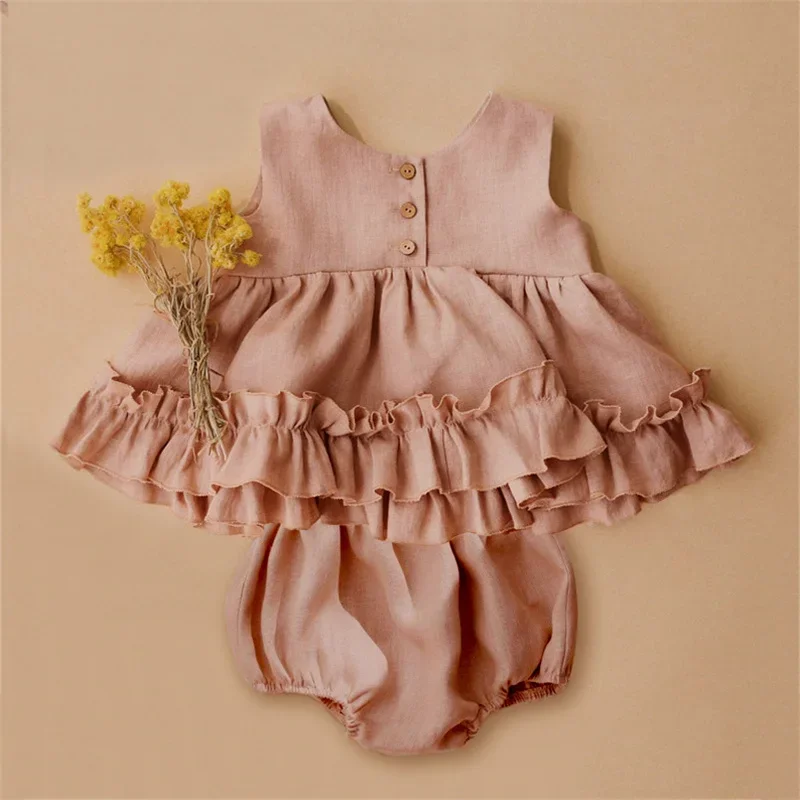 Baby Girl Summer Linen Cotton Clothing Set: Tops + Bloomers