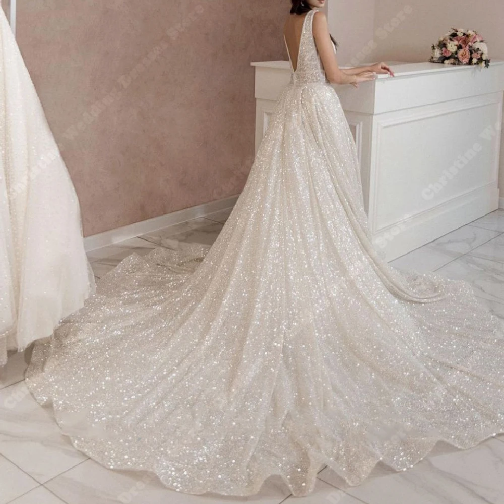 Vestidos De novia con cuello en V profundo para mujer, De línea a Vestidos De novia, brillo hermoso, longitud De trapeado, Princesa, Vestidos De compromiso