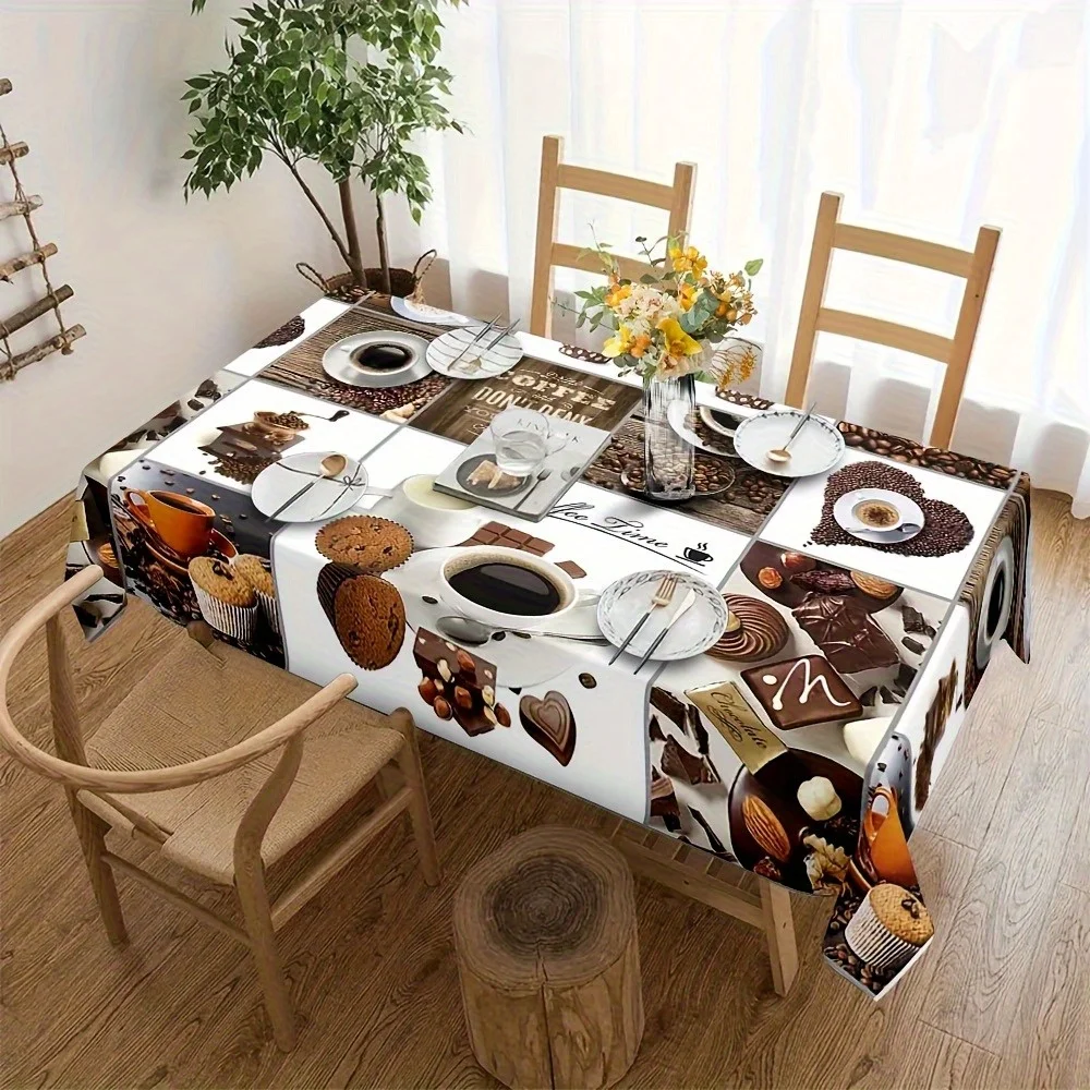 One coffee-printed polyester tablecloth, stylish and elegant, easy to clean, suitable for the spring dining table.