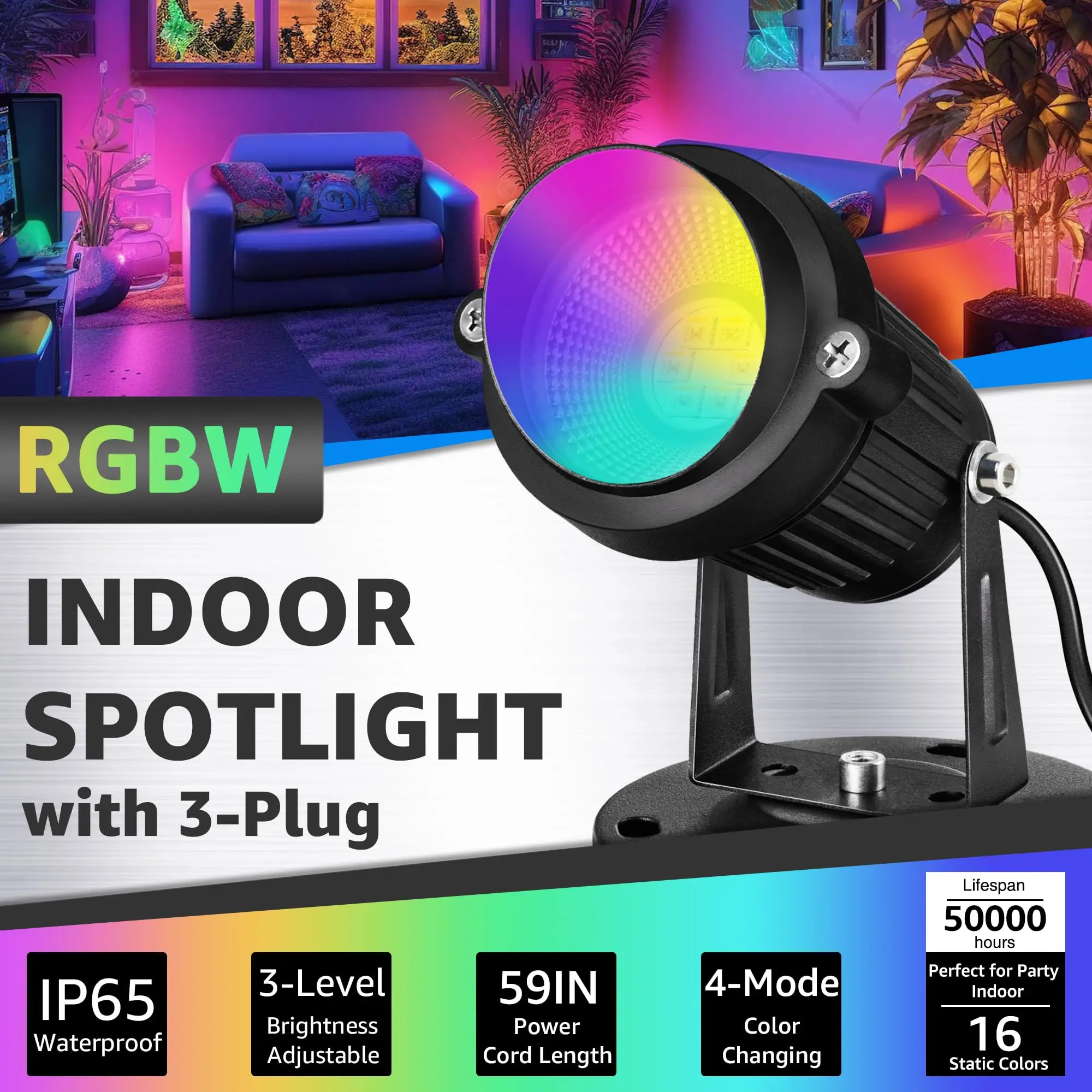 RGBW Spot Lights Indoor 6W Uplighting Indoor with Remote 16Color Changing Up Lights Indoor 120V Plant Spotlight , 2 Pack