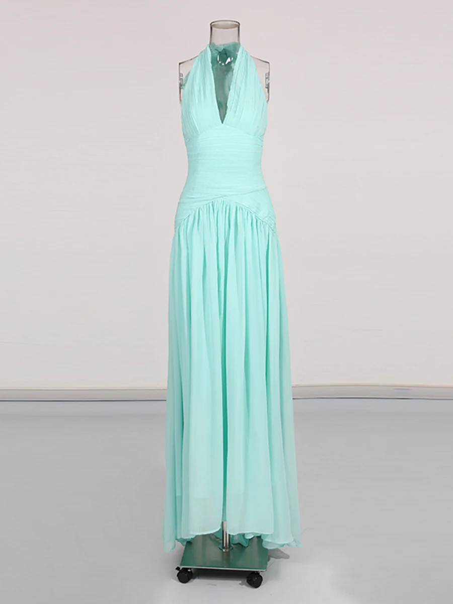 VGH Elegant Slimming Solid Dinner Dresses For Women V Neck Sleeveless High Waist Summer Temperament Long Dress Female Fashion