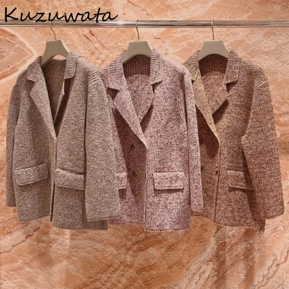 Kuzuwata Moda Turn-down Collar Sweet Loose Cardigan Lazy Knit Double Breasted All-match Jumper Japan Vintage Harajuku Sweaters