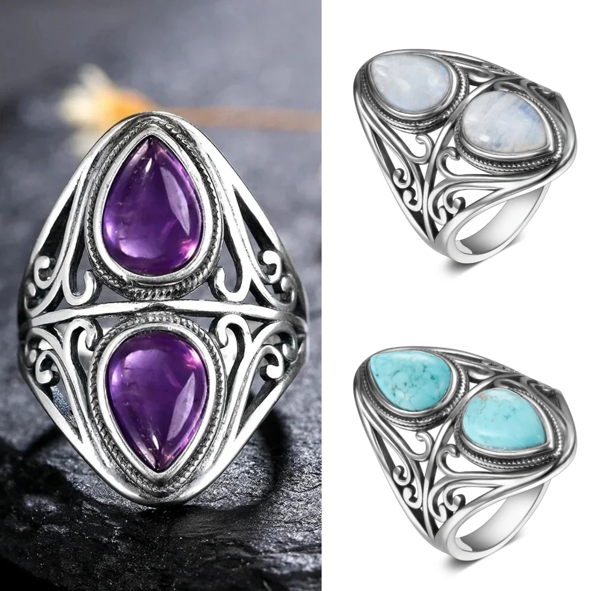 

Amethyst Gemstone Silver Plat Ring, Teardrop Double-Stone Vintage Carved Pattern Rings, Boho Style Statement Finger Jewelry Gift