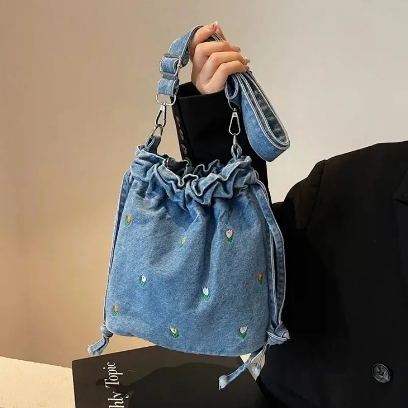 

Denim String Embroidery Fashion Crossbody Bags 2025 New Hot Sale Sewing Thread Large Capacity High Quality Shoulder Bag