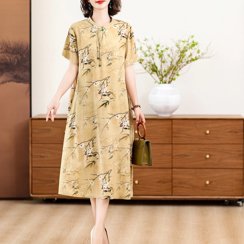 فساتين صيفية جديدة لعام 2025 للنساء برقبة دائرية فستان شاطئ بوهو مطبوع عليه زهور فستان صيفي طويل بأكمام قصيرة