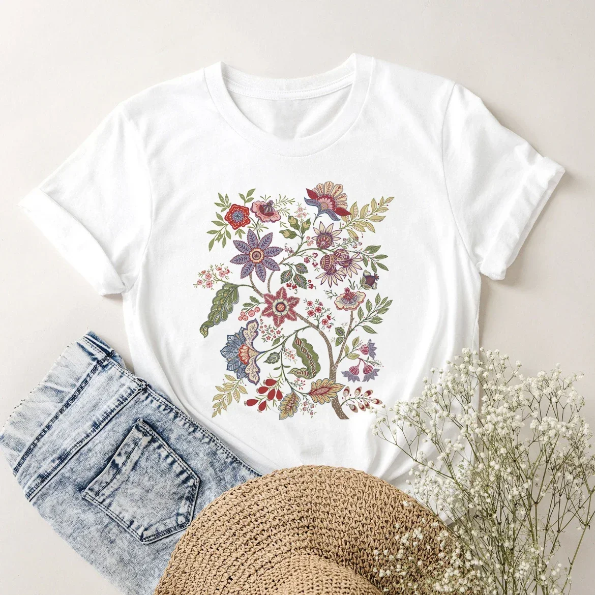 T-shirt de manga curta para mulheres, roupas soltas e casuais, com flores e plantas, moda verão, anos 90