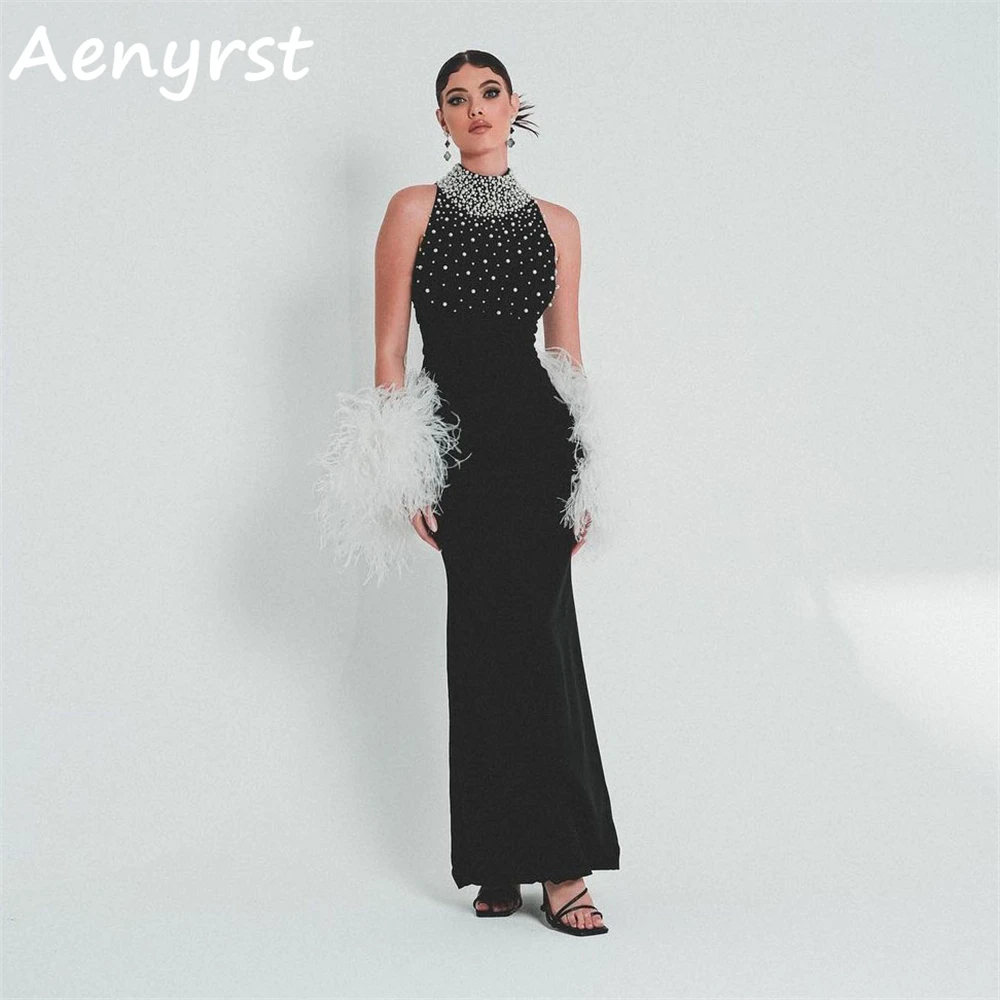 

Aenyrst Black Modern High Collar Beaded Prom Dresses Mermaid Feathers Saudi Arabia Evening Gowns Ankle-Length New Party Dress