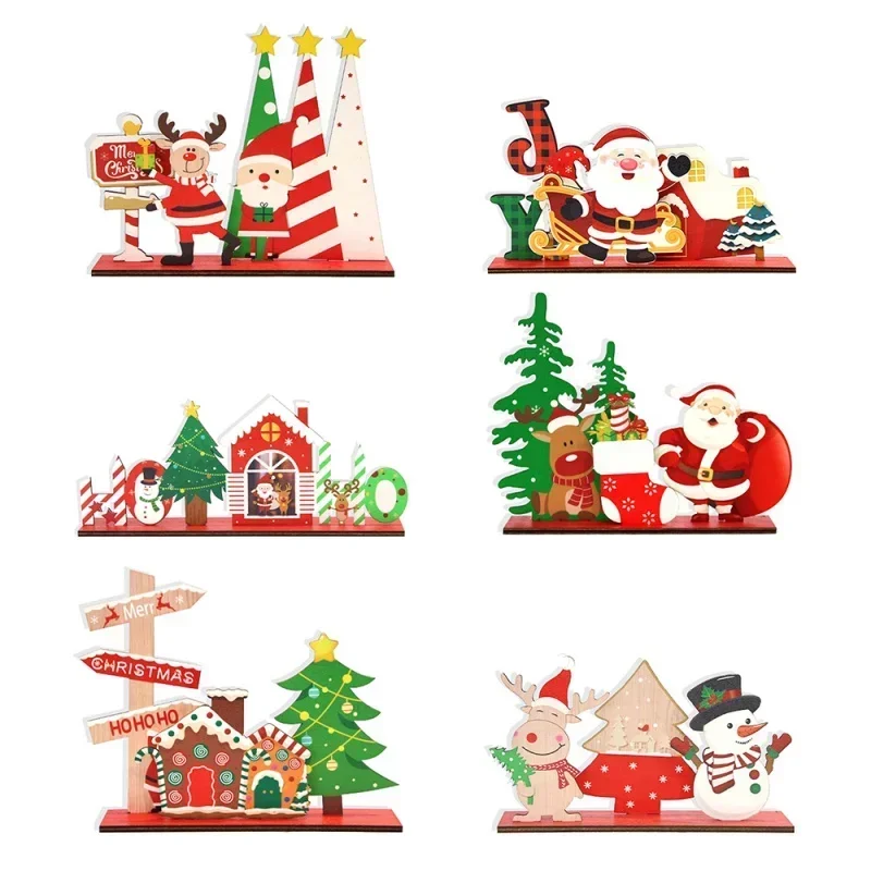 Wooden Desktop Christmas Ornament Santa Cluas Elk Xmas Tree Snowman Wooden Sign Plaque Xmas Decoration for Home #