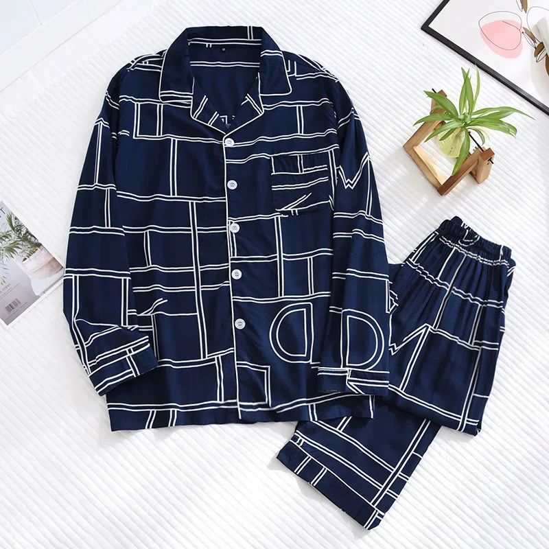 Spring and summer new men\'s pajamas long-sleeved trousers two-piece set 100% viscose thin homewear set cardigan large size sleep