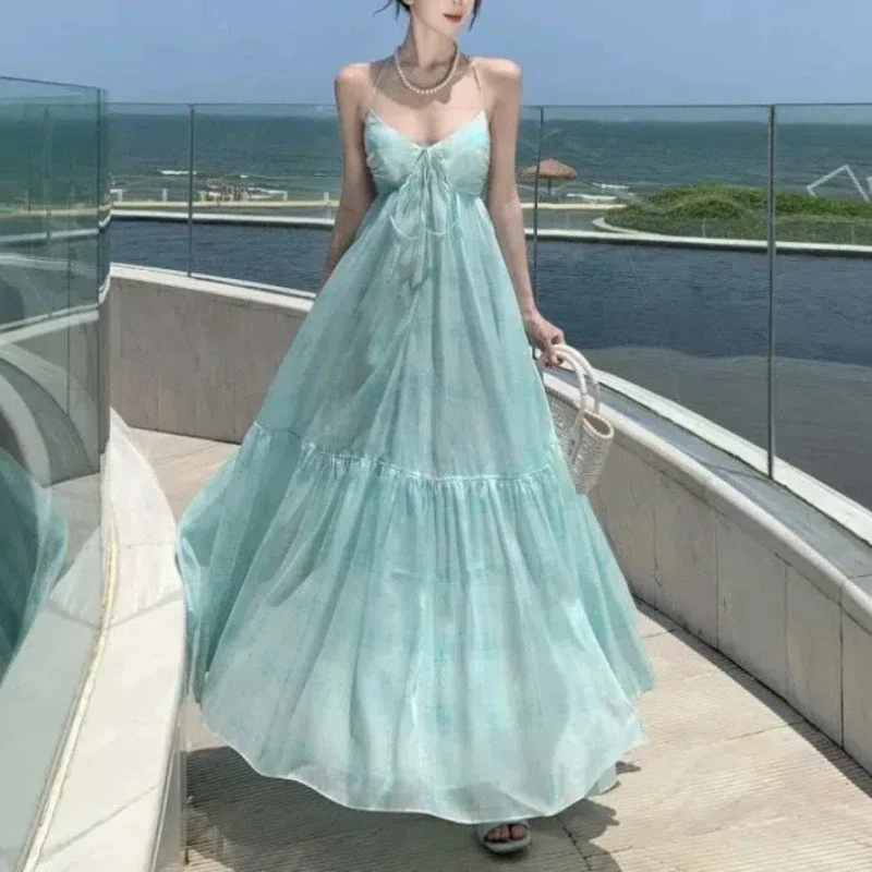 

Fashion Solid Backless Minimalist Elegant Sleeveless Party Strap Dress 2025 Retro Summer Women's New Spliced Halter Drawstring