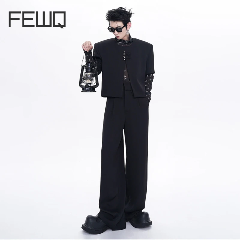 

FEWQ Personality Men's Two-piece Set Chinese Style Collarless Short Sleeve Jacket Shoulder Pad Straight Suit Pants New 24Y151