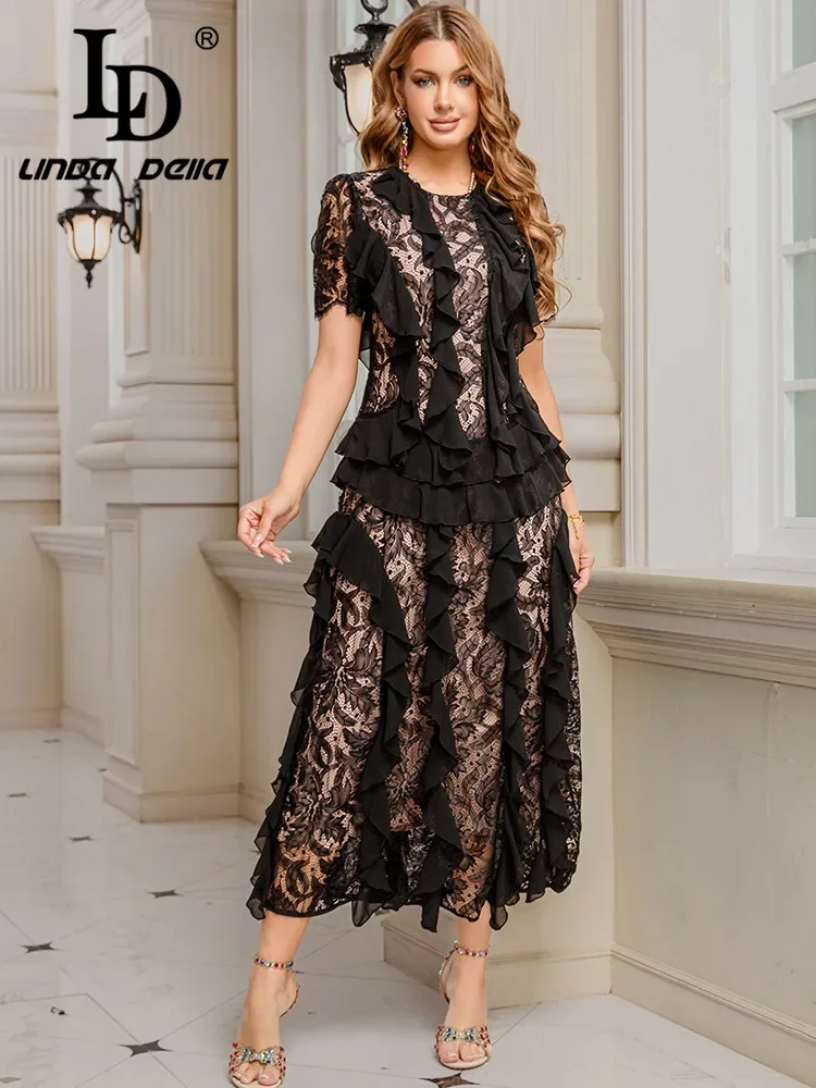 

LD LINDA DELLA 2025 Spring/Summer New European Elegant Style Long Dress Lace Ruffle Splicing Round Neck Women's Party Dress