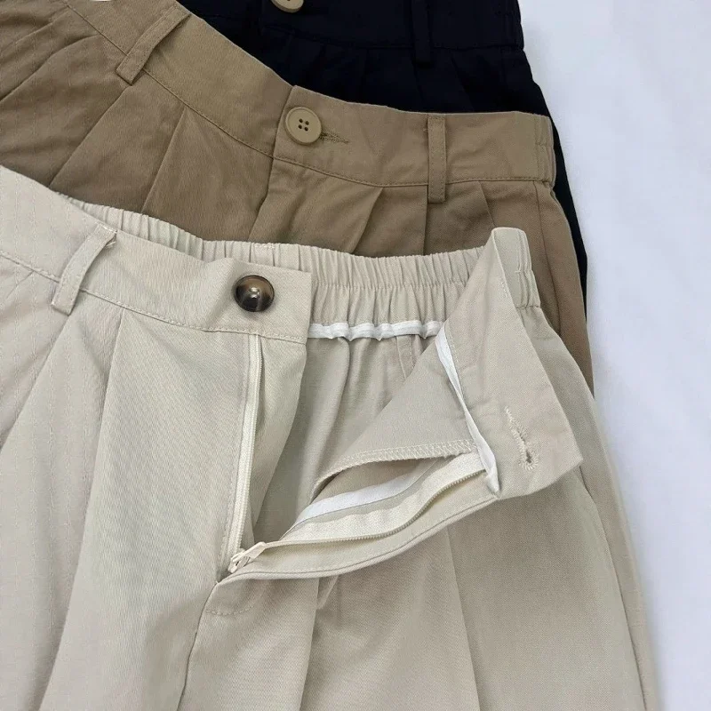 اليابانية الرجعية واسعة الساق العمل السراويل النسائية الدعاوى و اقتصاص السراويل الصيف فضفاضة عادية مستقيم الساق منتصف السراويل الملابس العصرية #4