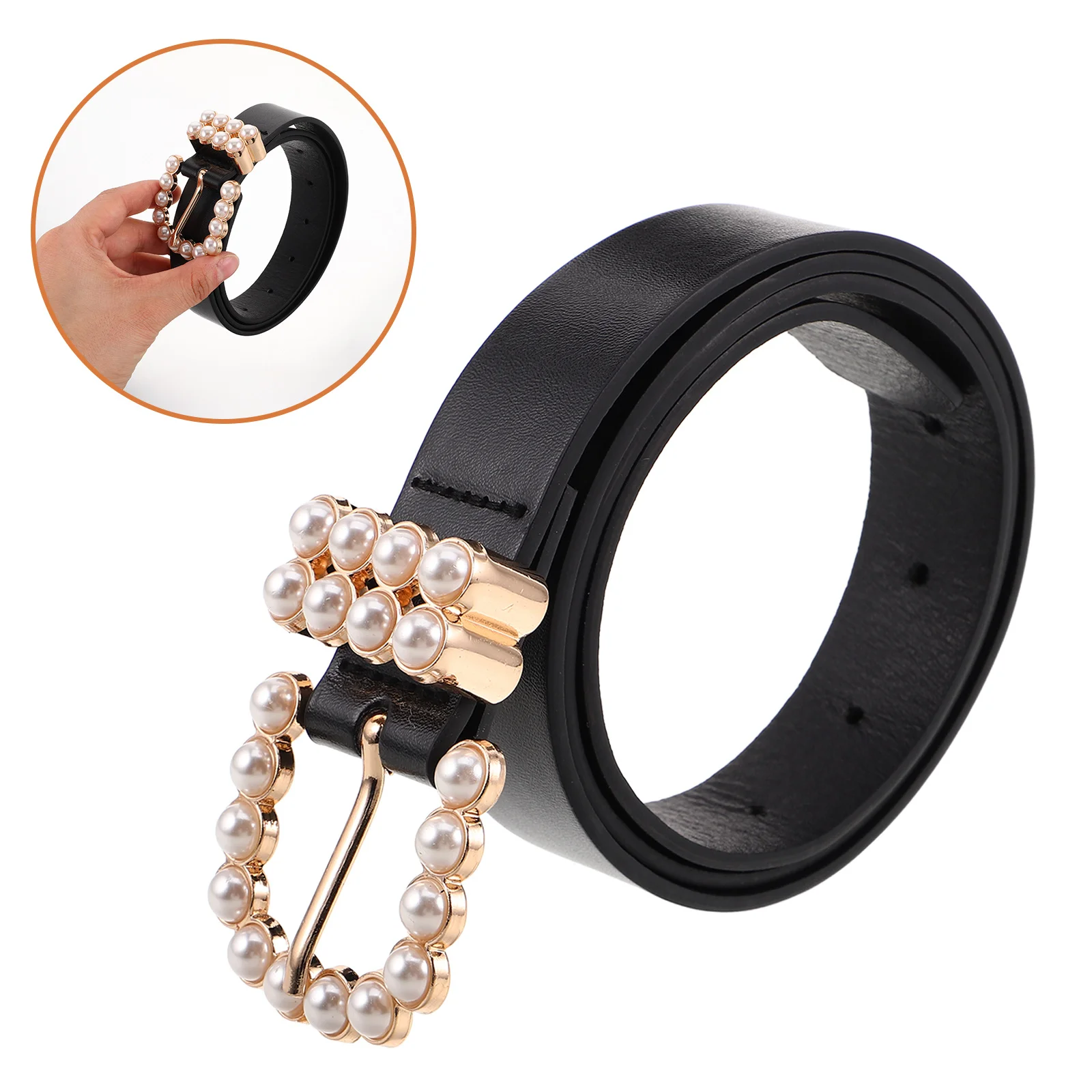 

Elegant Thin Faux Pearl Beads Belt for Women Stylish Trendy Waist Accessory Vintage Buckle Adjustable Length Decorative Belt
