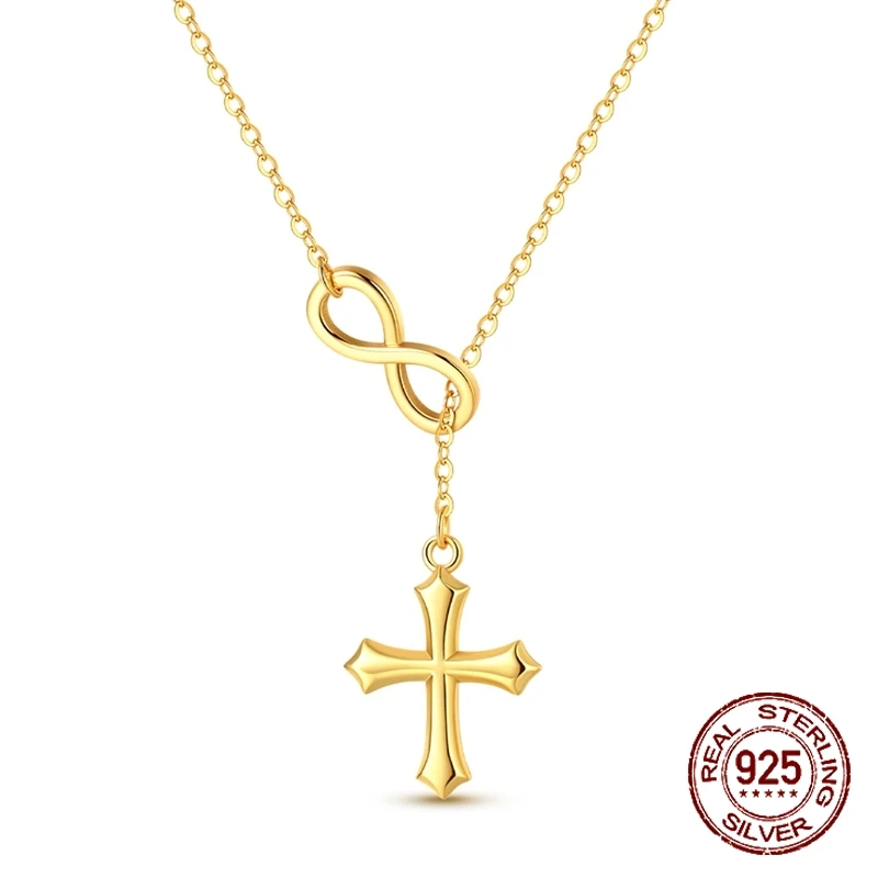 

925 Sterling Silver Golden Infinity Cross Y Drop Necklace Minimalist Religious Faith Pendant Jewelry Gift for Women