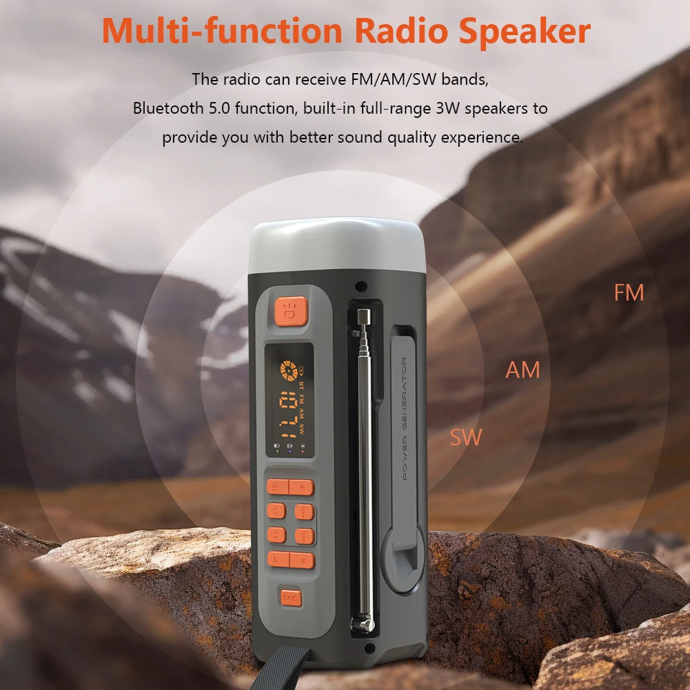 4500mAh Emergency Radio USB Phone Charger Power Bank AM/FM/SW Solor Hand Crank Radio Bluetooth Speaker with Flashlight SOS Alarm