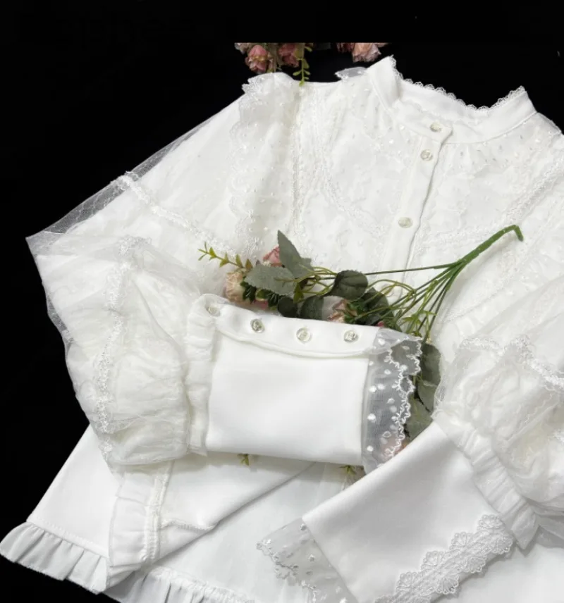 

Winter New Japanese Original Lolita Thickened Shirt Long Sleeve Fleece Lined Stand Collar Inner Wear Sweet Elegant Lady Shirt