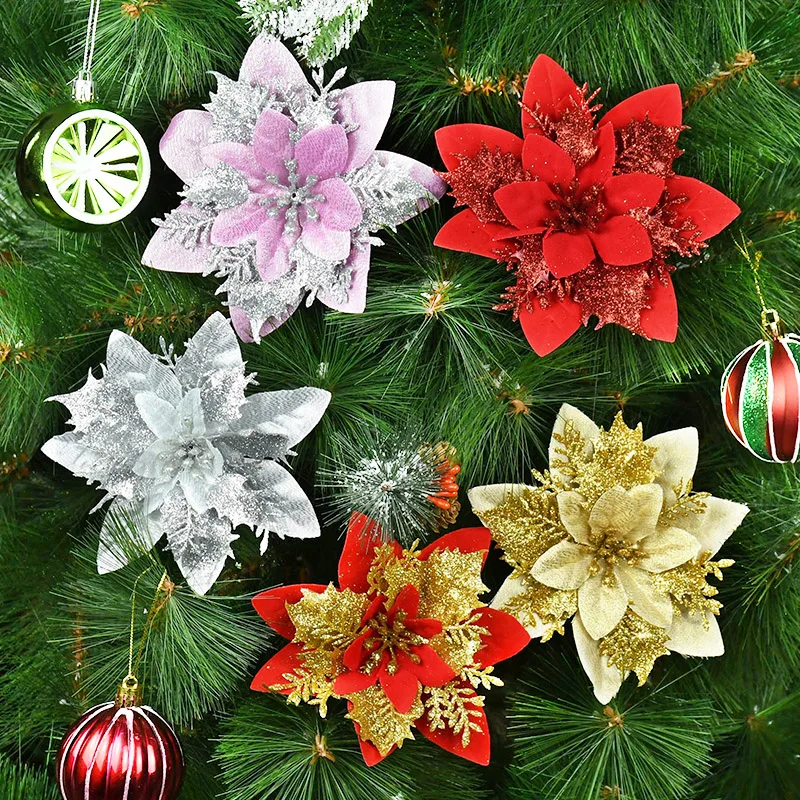 

5pcs Christmas Tree Ornaments 14cm Glitter Artifical Christmas Flowers 2024 New Year Ornaments Xmas Fake Flowers Navidad Natal