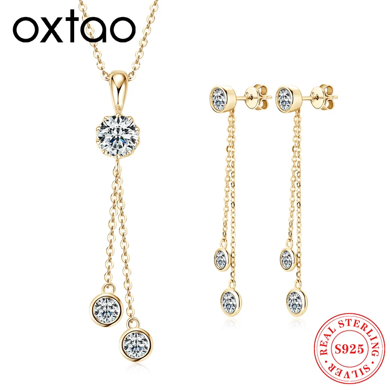 

OXTAO серьги, ожерелье, комплект ювелирных изделий, оптовая продажа, настоящее серебро 925, цвет D, муассанит, длинные серьги с кисточками для женщин, изысканный свадебный подарок