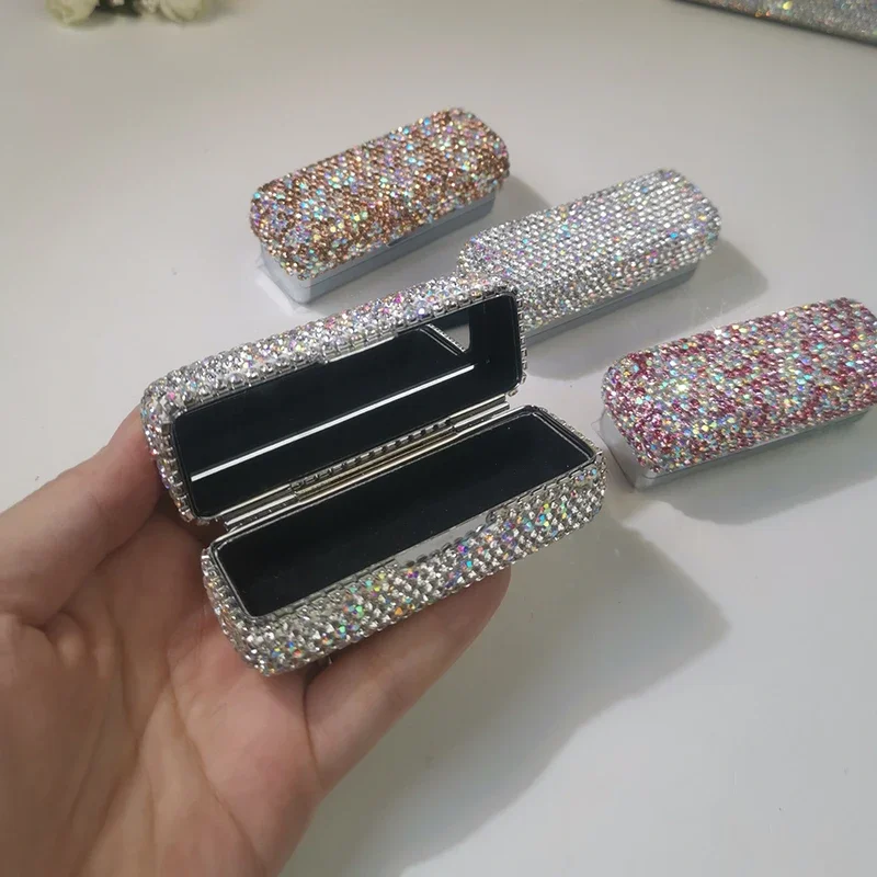 Sparkling Rhinestone Metal Lipstick Box With Mirror Portable Travel Lipstick Case Jewelry Box Mini Lipstick Storage Girl Gift